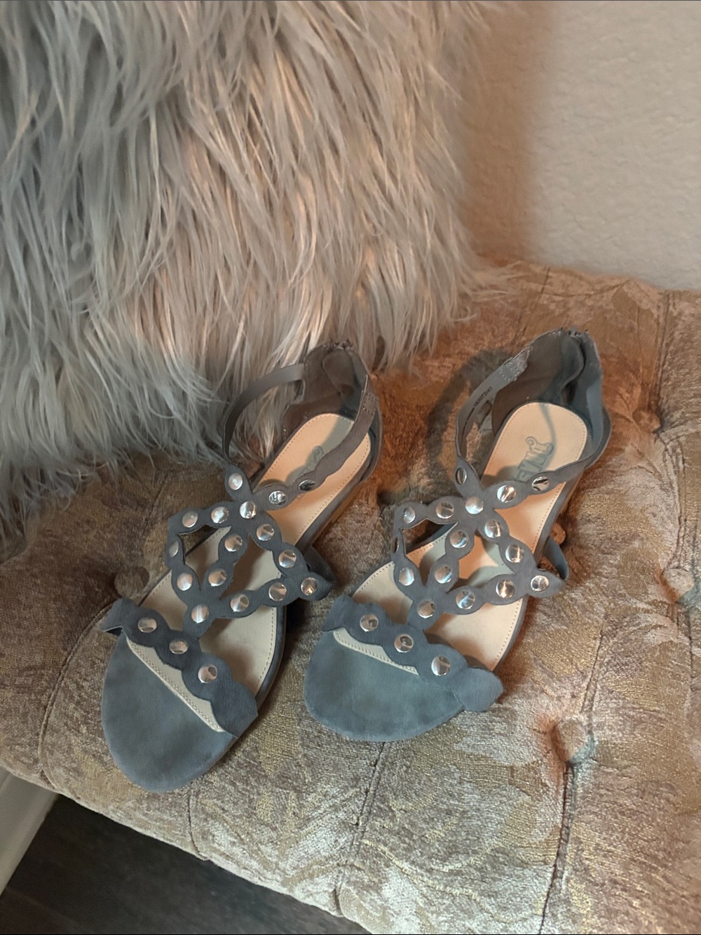 Women's Gray Suede Studded Sandals